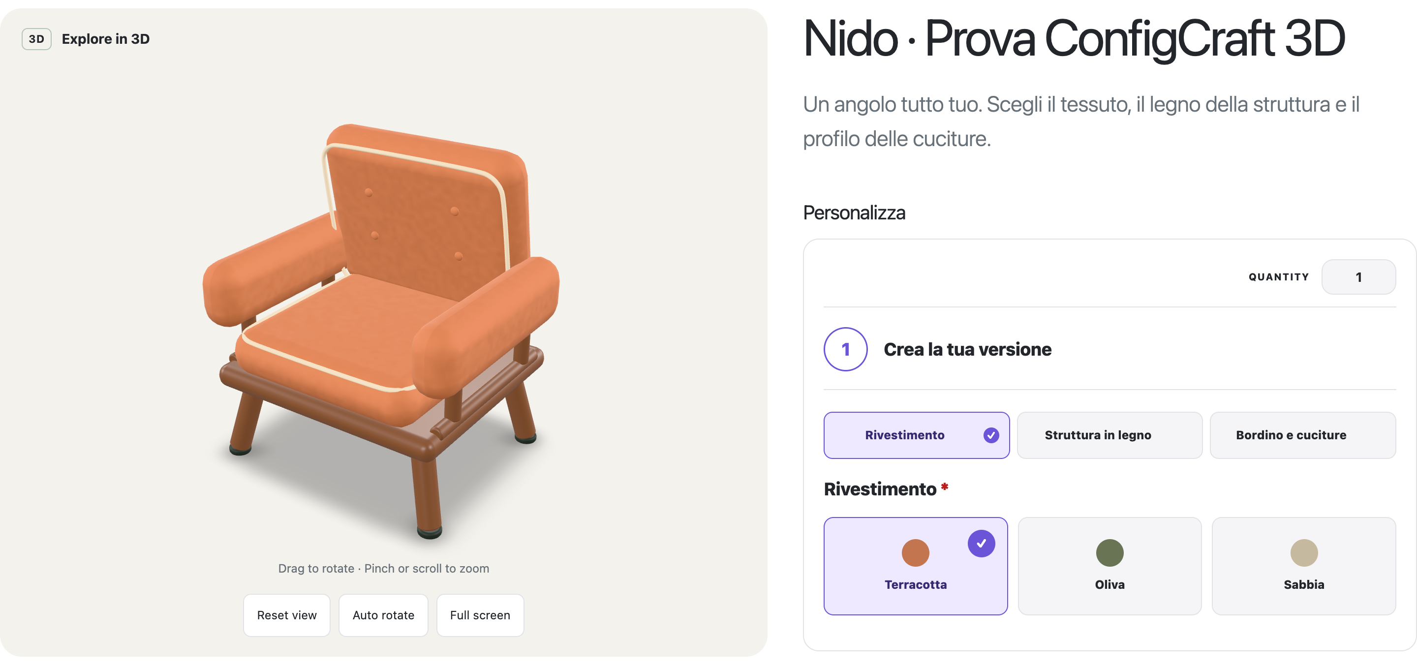 Real screenshot of the ConfigCraft Pro 3D beta: a lounge chair with upholstery, wood and piping options.