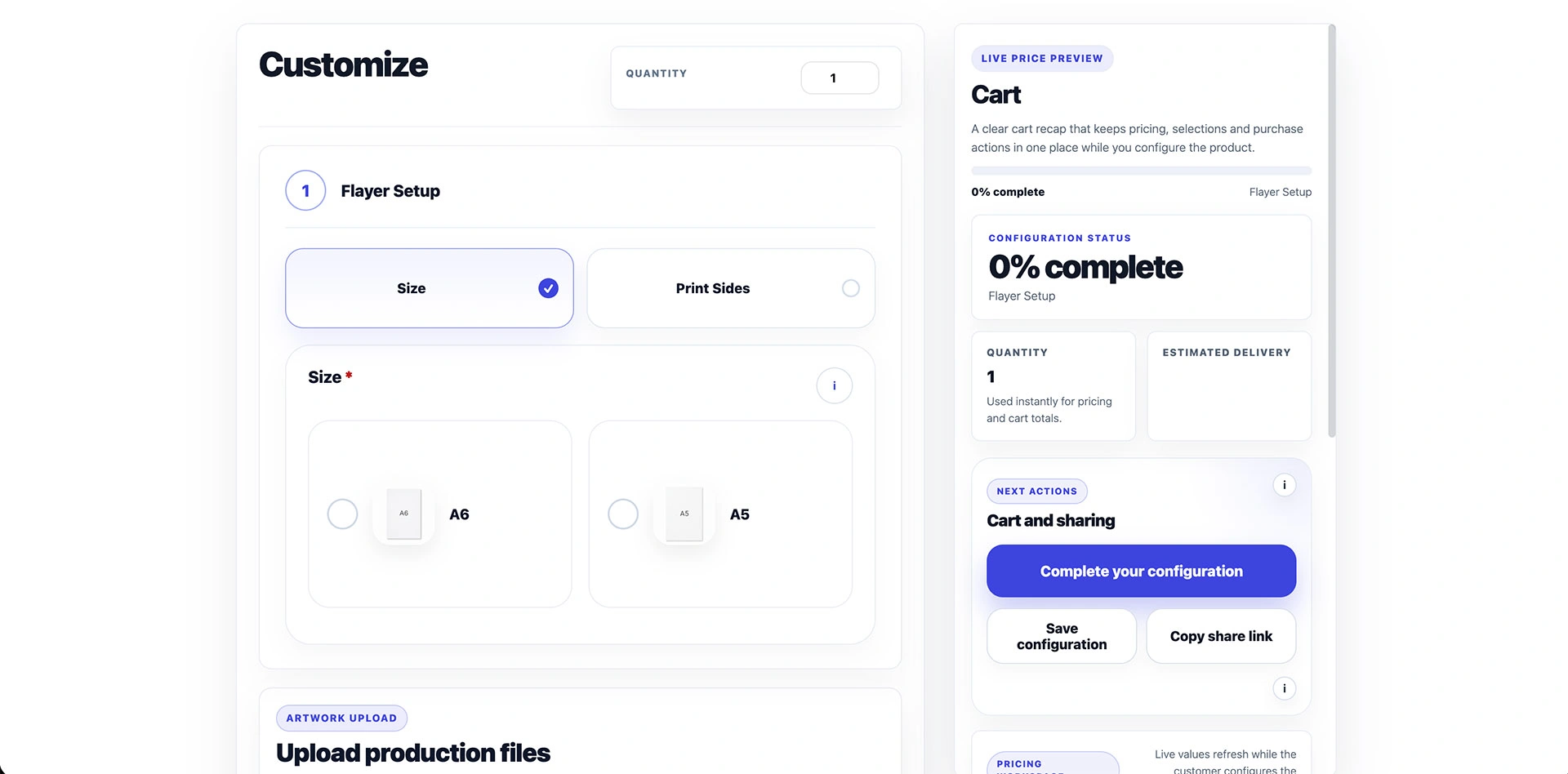 ConfigCraft WooCommerce print product configurator showing flyer size choices, artwork upload, and a live order recap