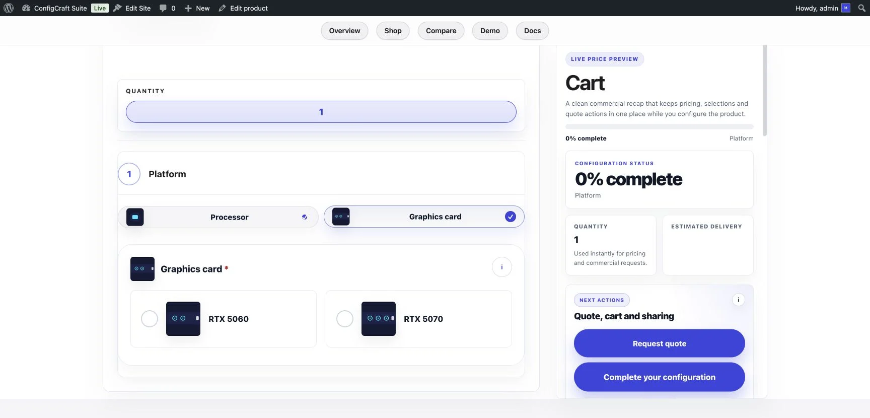 ConfigCraft Gaming PC product configurator showing graphics card choices and a live configuration summary