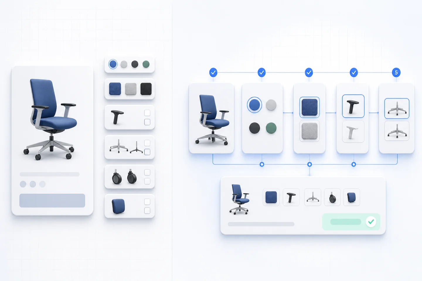 Illustration comparing independent WooCommerce add-ons with a connected guided product configuration