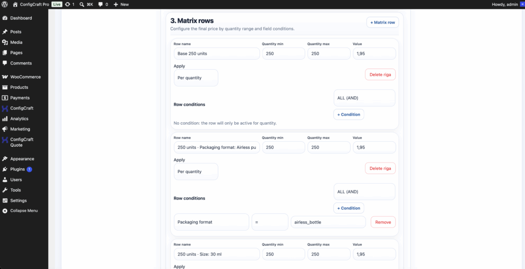ConfigCraft Pro matrix pricing editor for a configurable WooCommerce print product