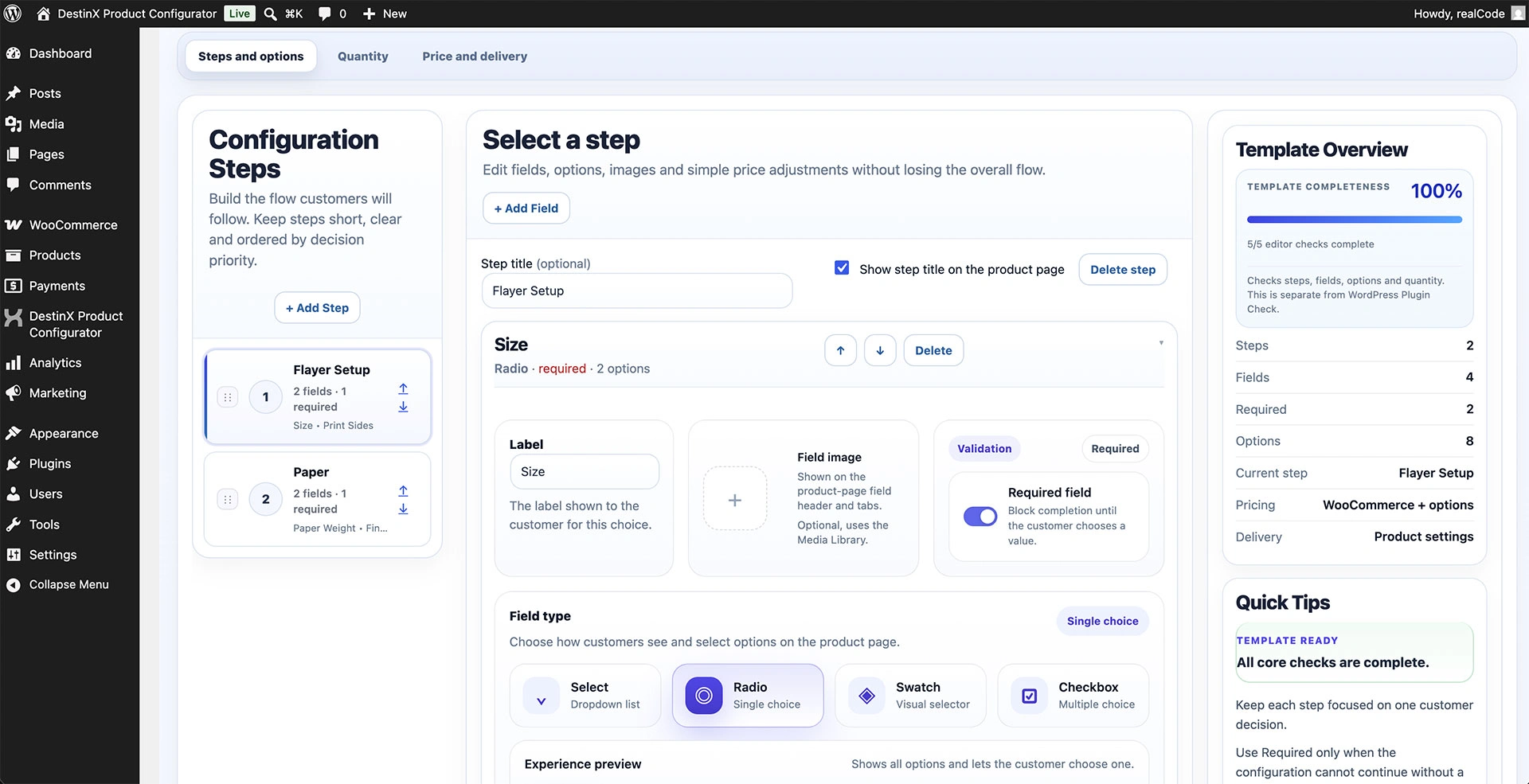 The template builder turns product setup into a guided configuration structure.