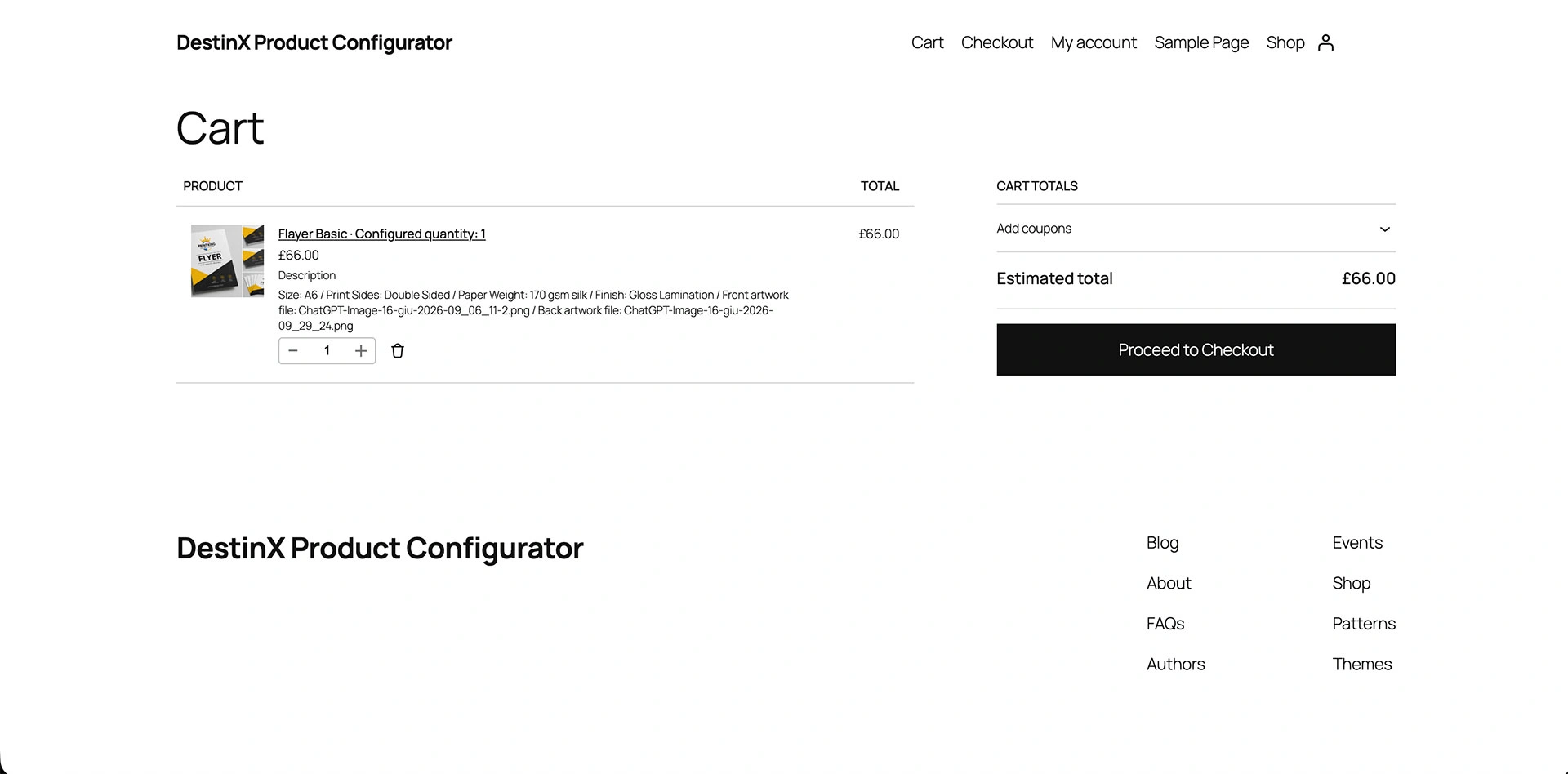 The cart keeps the chosen configuration visible before checkout.