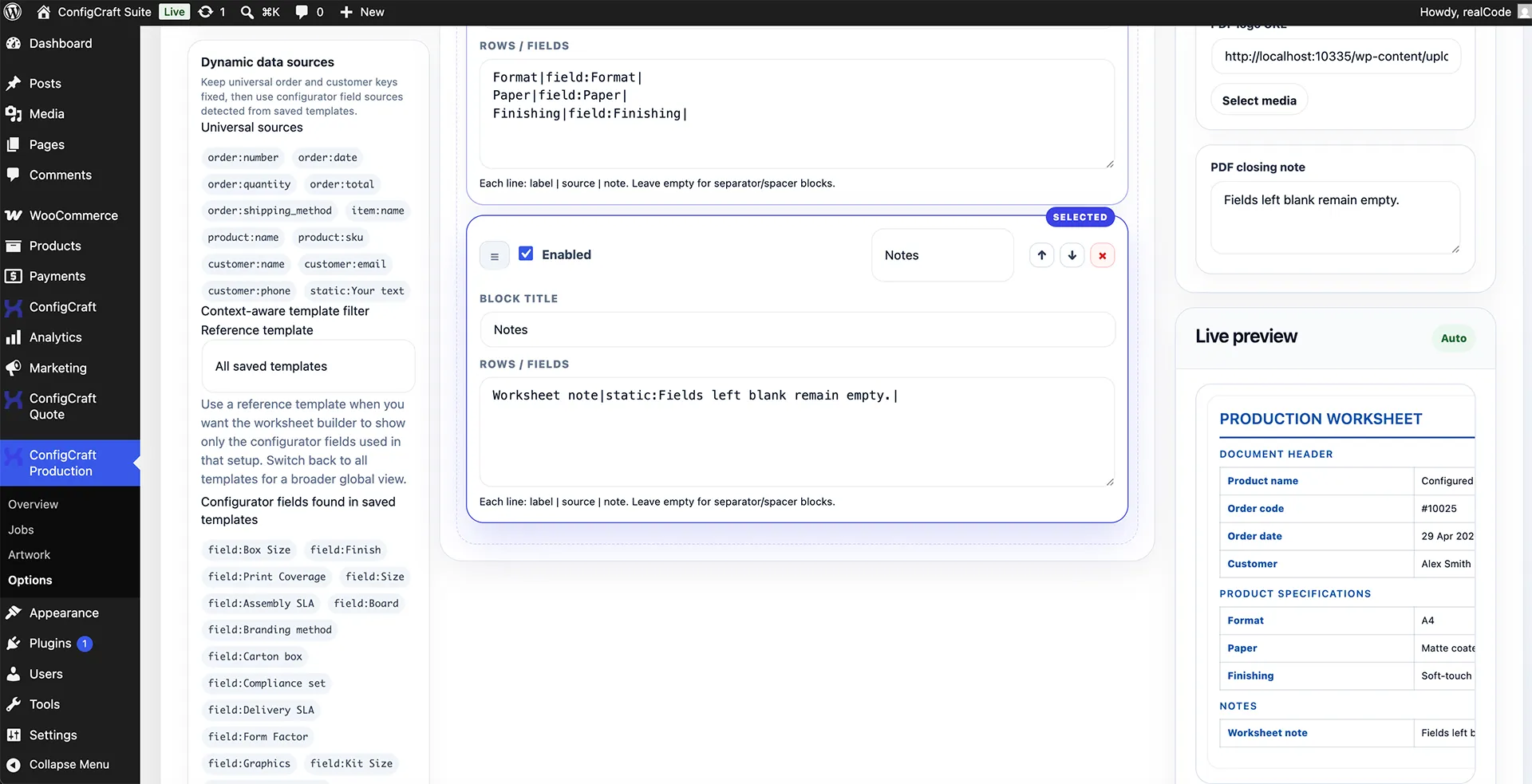 The worksheet builder turns customer selections into production-ready internal data.