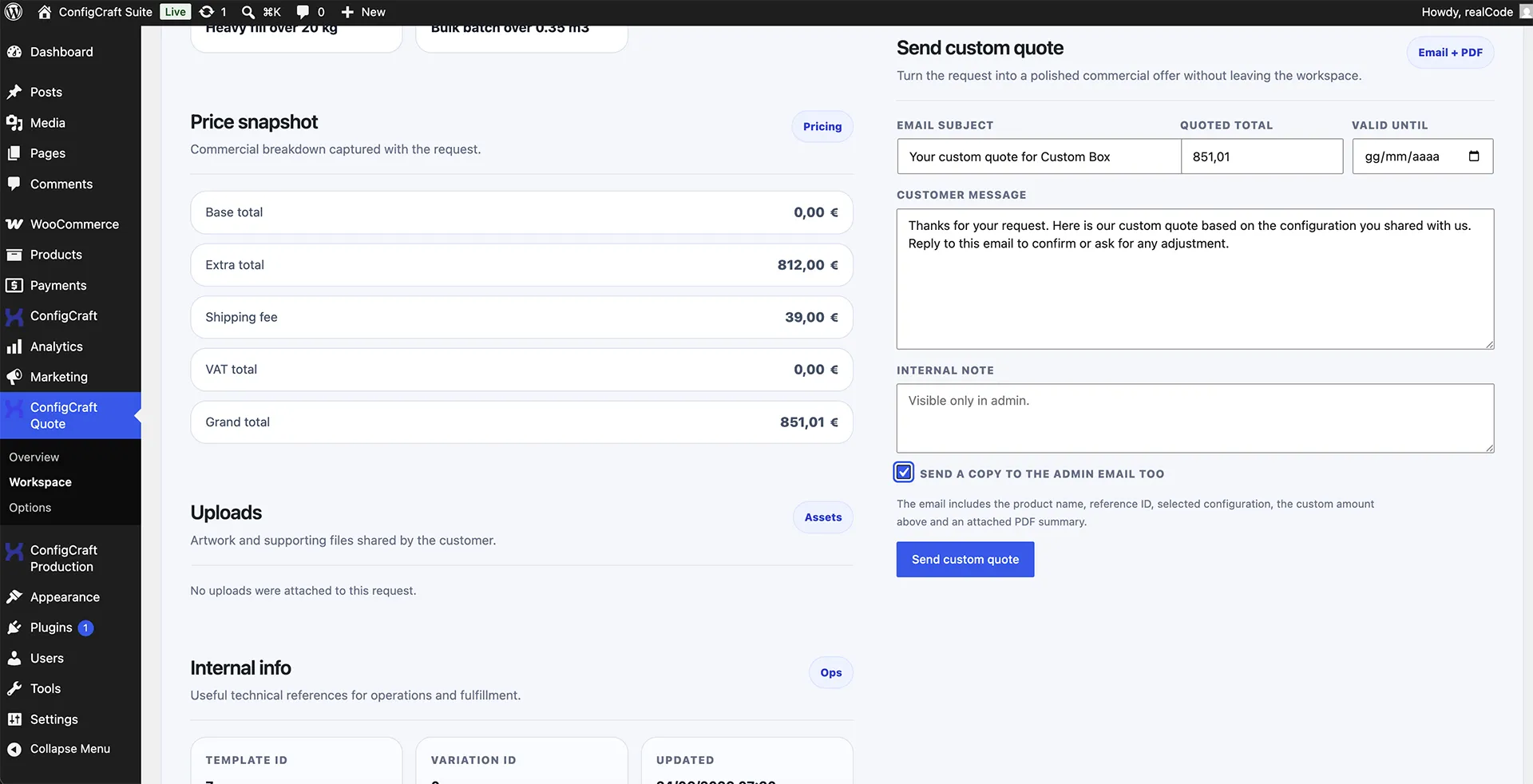 ConfigCraft Quote workspace showing the configured price snapshot and custom WooCommerce quote email